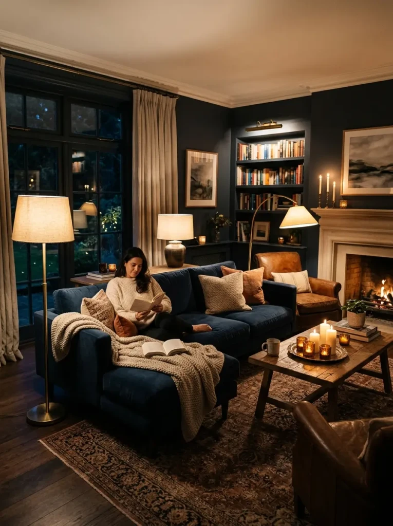 A living room glowing with floor lamps, table lamps, and candles creating a warm evening ambiance.
