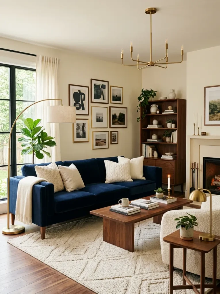 A warm living room centered around a navy blue sofa with ivory pillows, brass lamps, and walnut accents.