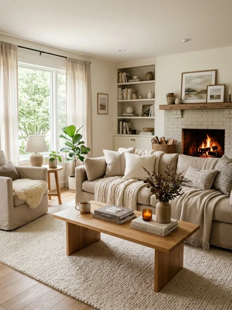 A cozy living room with a soft cream rug, plush beige sofa, warm wood coffee table, and layered neutral textures.
