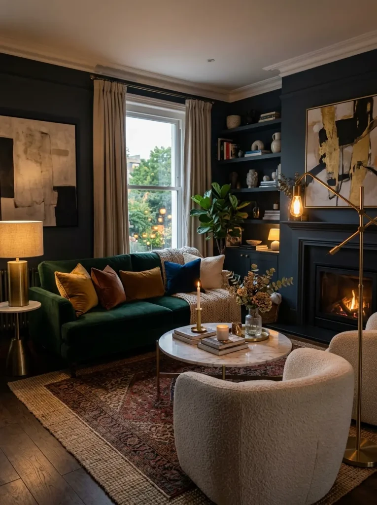 An elegant luxury living room featuring velvet cushions, boucle chairs, marble table, and brass lighting.