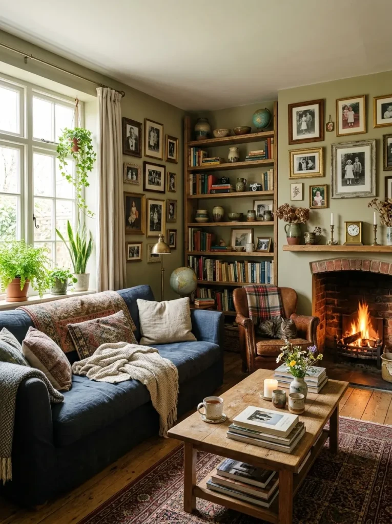 A warm living room with framed photos, books, handmade pottery, and vintage decor accents.