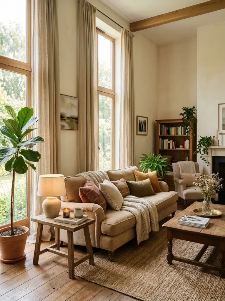 Living room with full-length linen curtains, filtered sunlight, and soft warm seating arrangement.