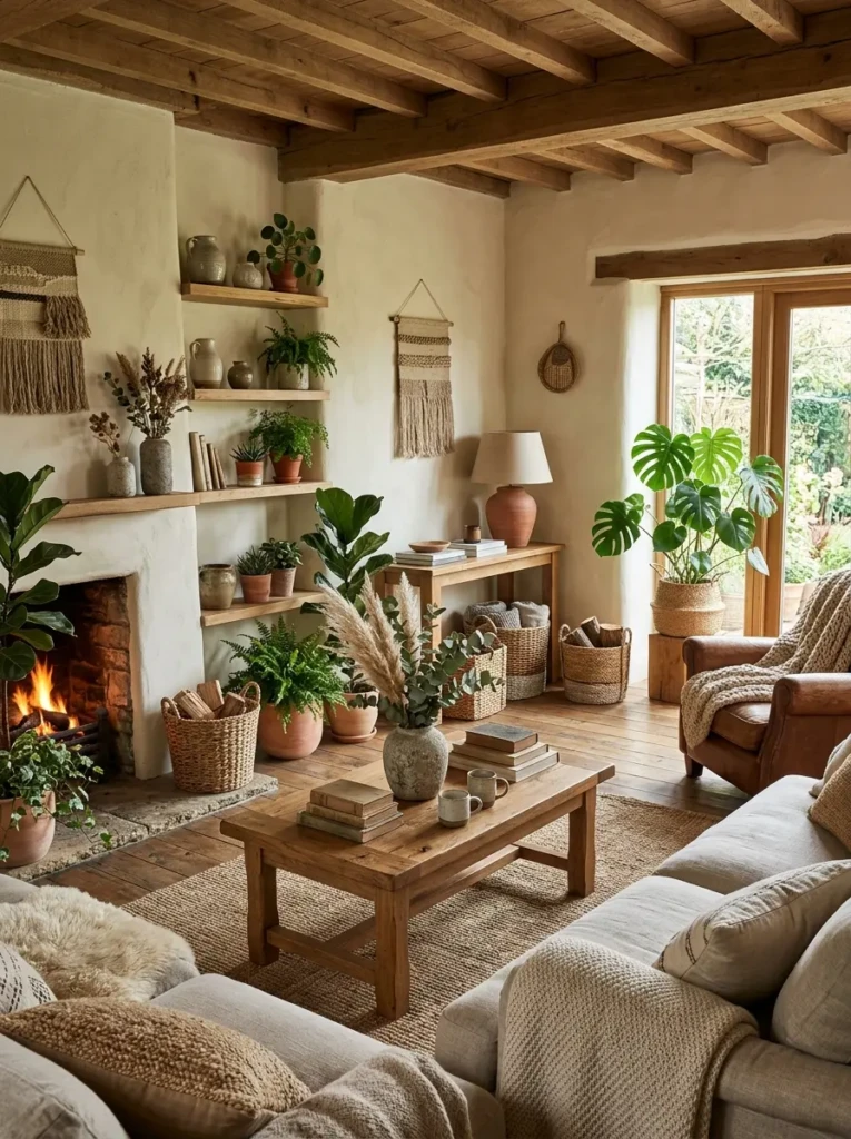 Cozy living room with wood furniture, indoor plants, woven baskets, and earthy natural textures.