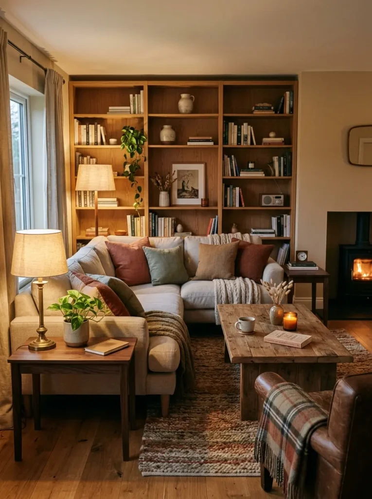 Cozy living room featuring oak shelving, walnut side tables, and a reclaimed wood coffee table.