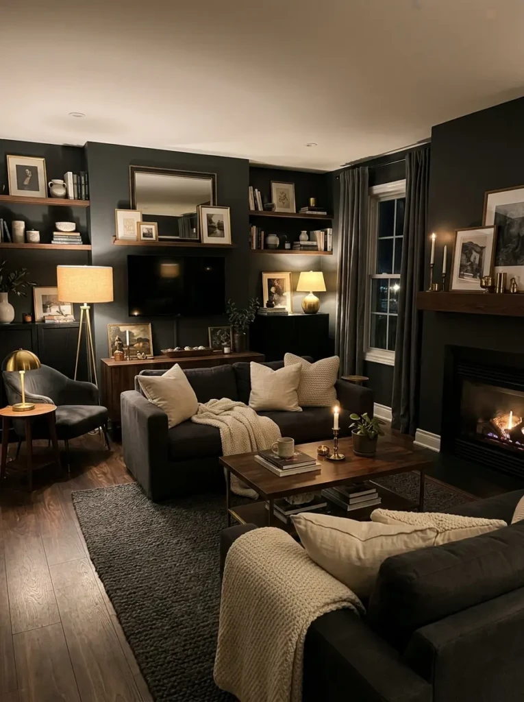 Dark cozy living room with charcoal walls, cream cushions, brass lamps, and warm moody evening lighting.
