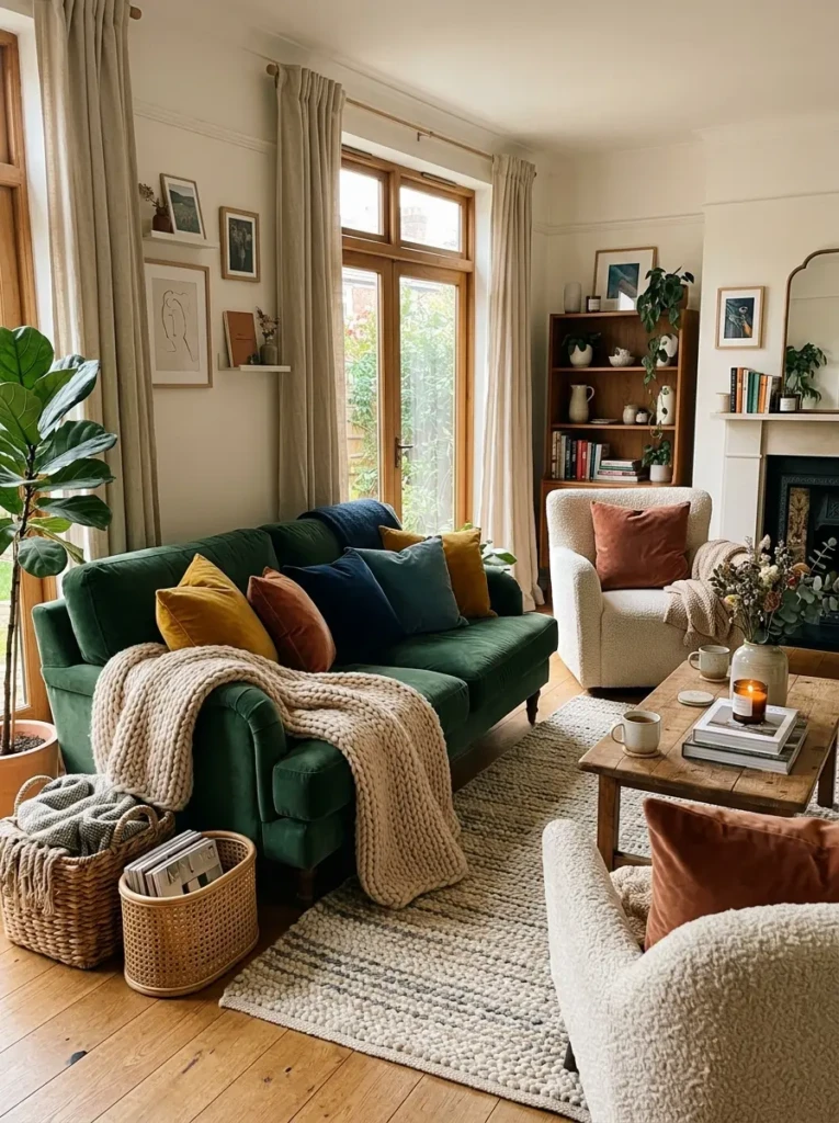 Living room styled with velvet pillows, boucle chair, knit throw, linen curtains, and woven baskets for rich texture.
