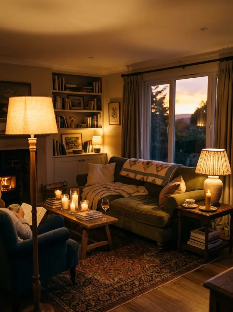 Living room with table lamps, floor lamp, candles, and warm golden lighting that creates a soft relaxing ambiance.