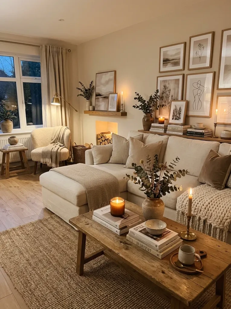 Cohesive cozy living room aesthetic with candles, books, ceramic accents, framed art, and layered neutral textures.