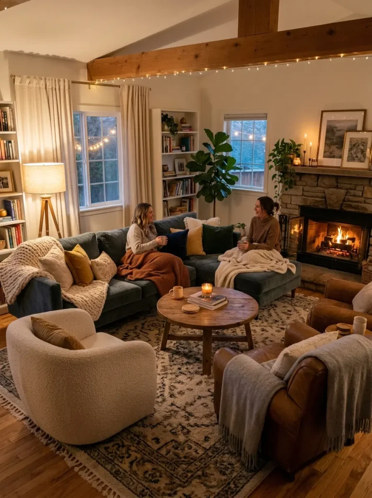 Plush sofa and oversized chairs arranged around a coffee table with soft lighting for an inviting conversation-friendly living room.