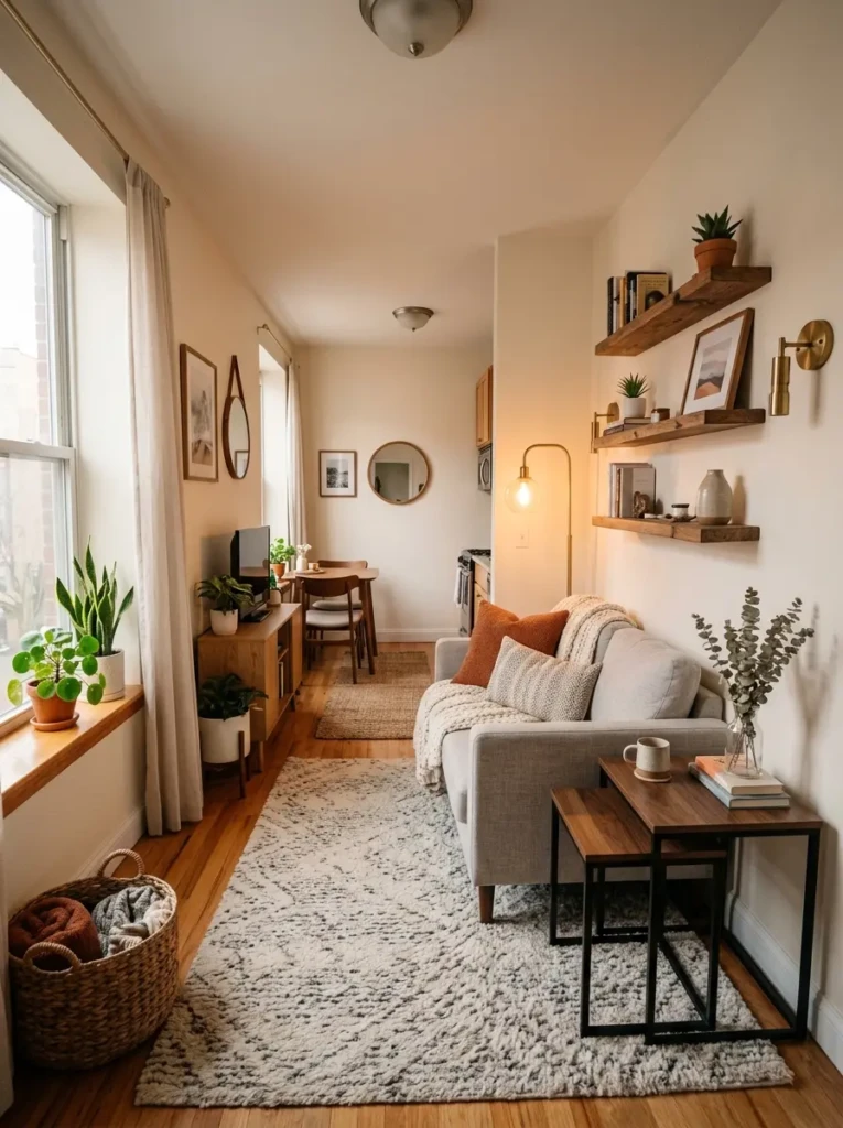 Small cozy living room with loveseat, nesting tables, wall shelves, soft rug, and efficient apartment-friendly layout.