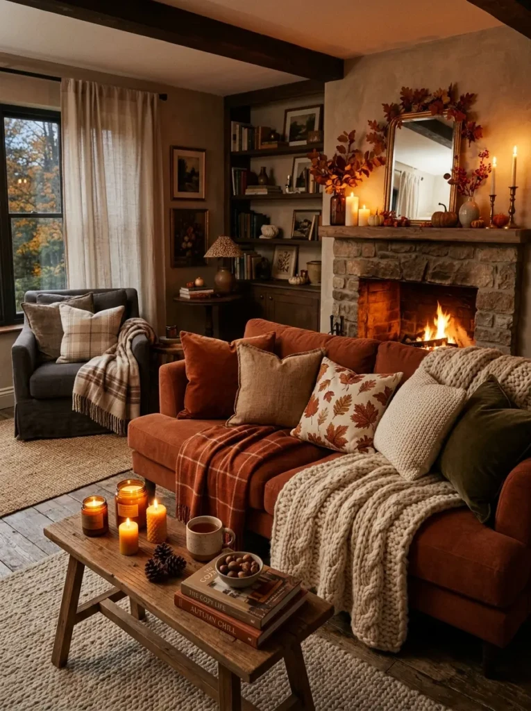 Sofas and armchairs facing each other around a coffee table with warm social lighting.