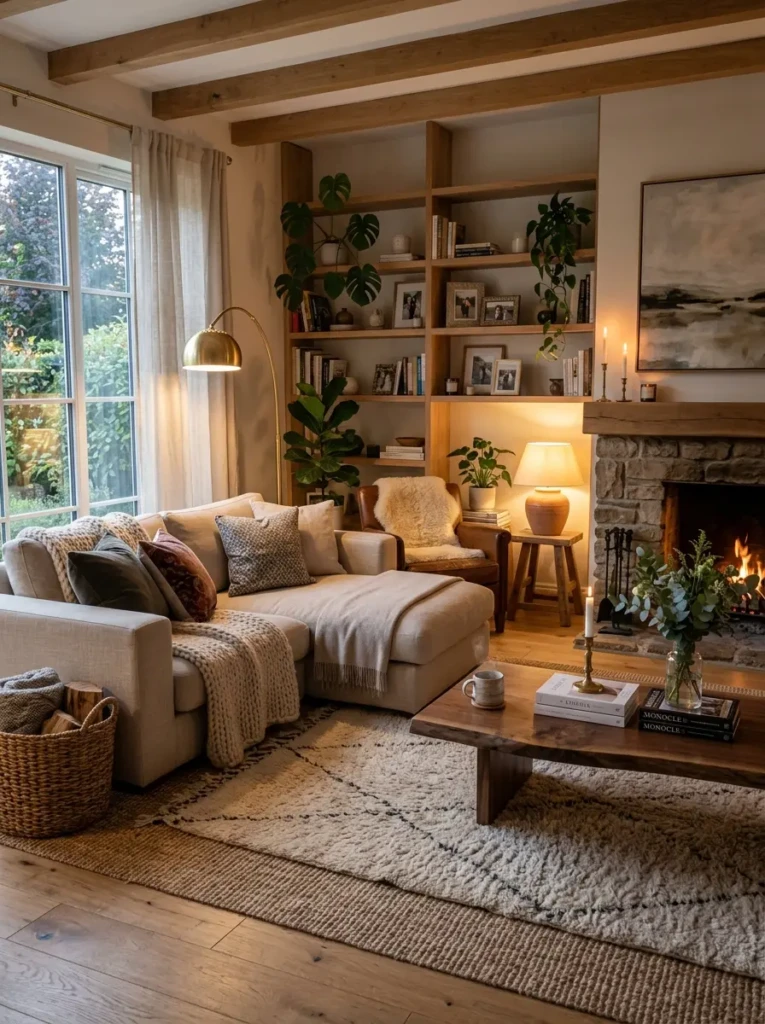 Living room with chunky knit throws, warm-toned pillows, candles, and seasonal autumn-inspired textures.