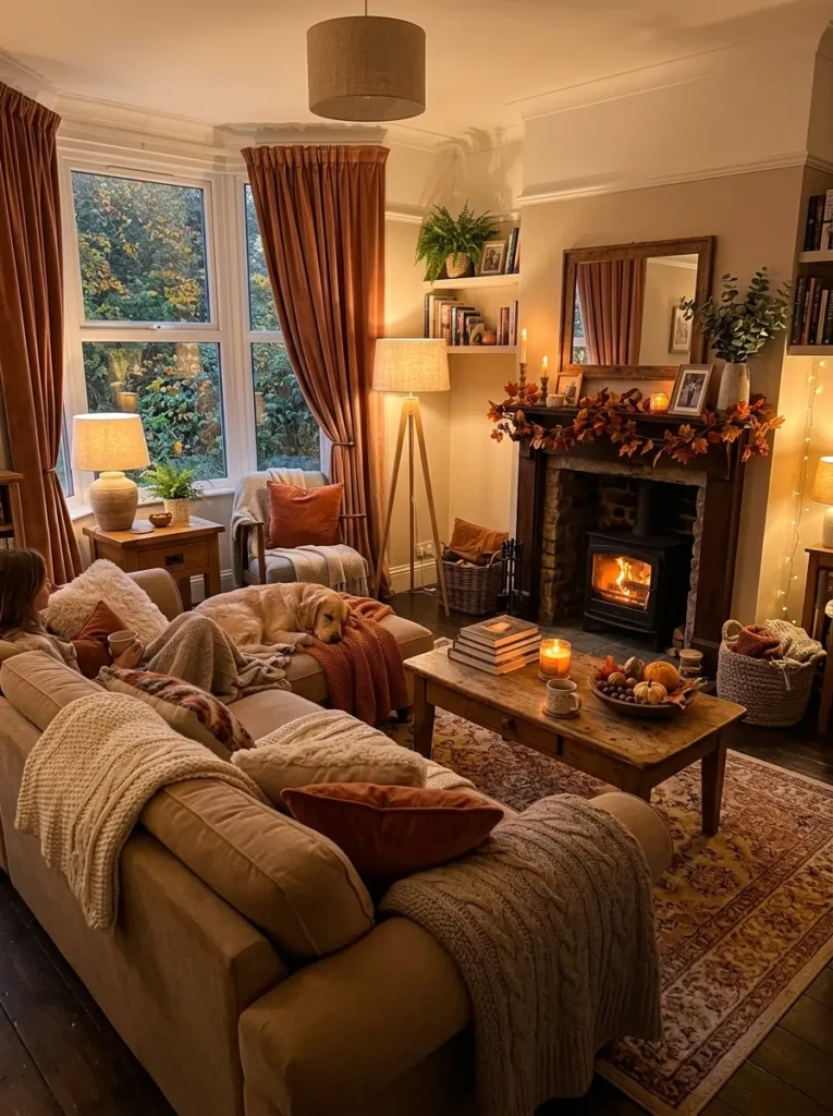 Warm cozy living room with velvet curtains, caramel tones, soft cushions, warm lighting, and inviting family room styling.