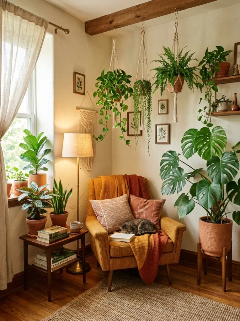 A cozy small living room corner featuring hanging plants, terracotta pots, warm wood, and brass lighting.