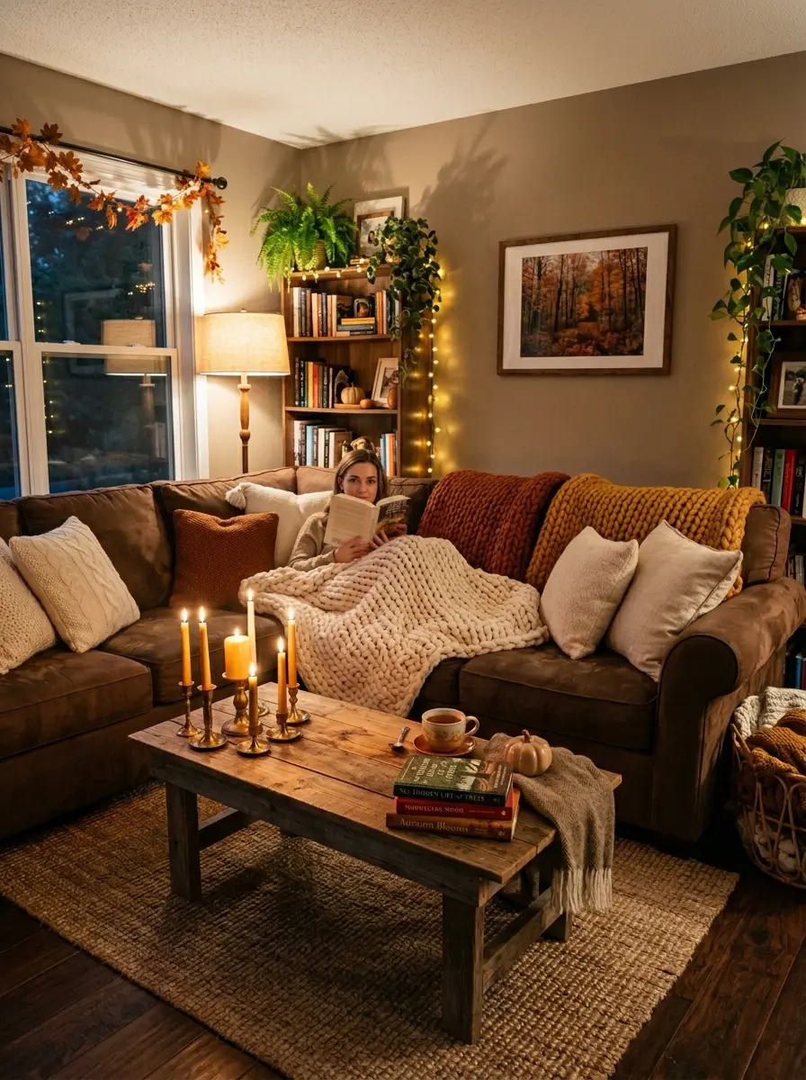 Cozy living room with brown couch, oversized knit blanket, cream pillows, candlelight, wooden coffee table, and warm lighting.