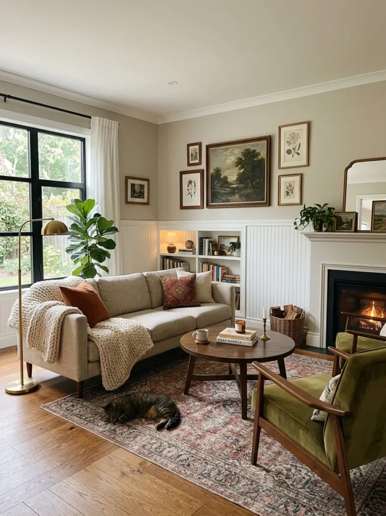 Inviting living room with half-wall wainscoting, framed artwork, soft neutral paint, and cozy textiles.
