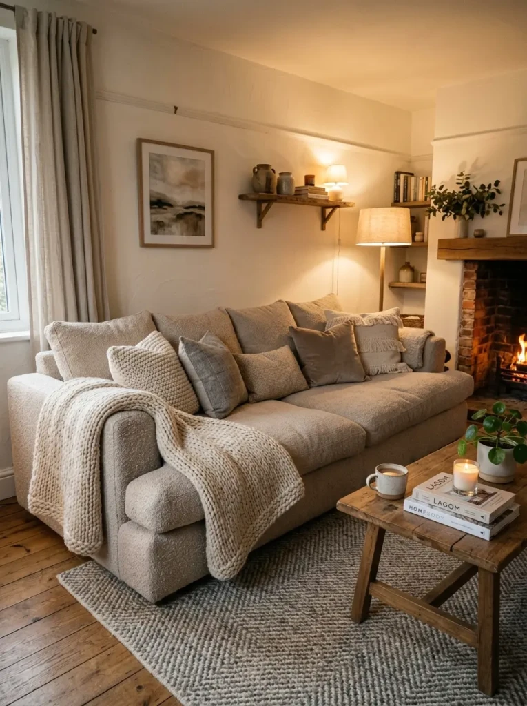 Comfortable oversized sofa with plush cushions, textured pillows, and a draped throw in a warm inviting living room