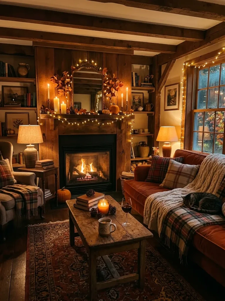Living room illuminated with candles, lamps, and fairy lights creating a soft, cozy autumn ambiance