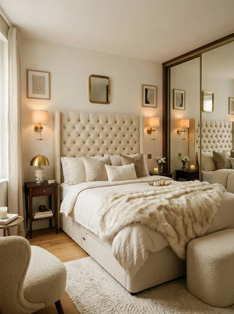 A small cozy luxury bedroom with a tall tufted headboard, wall sconces, mirrored furniture, cream bedding, and hidden storage.