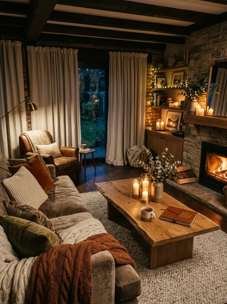 Cozy living room decor with soft cushions, candles, throws, warm lighting, and natural wood accents.