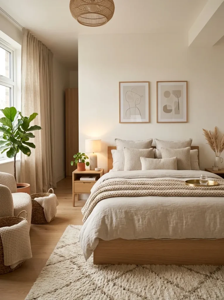Cozy modern bedroom with neutral bedding, warm lighting, soft rug, wall art, and stylish room decor ideas bedroom aesthetic inspiration.