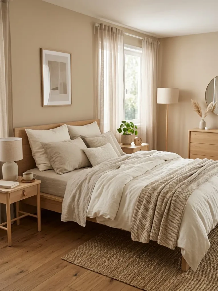 A cozy modern bedroom featuring soft neutral tones, beige walls, cream bedding, linen textures, and warm natural light creating an airy, calming atmosphere.