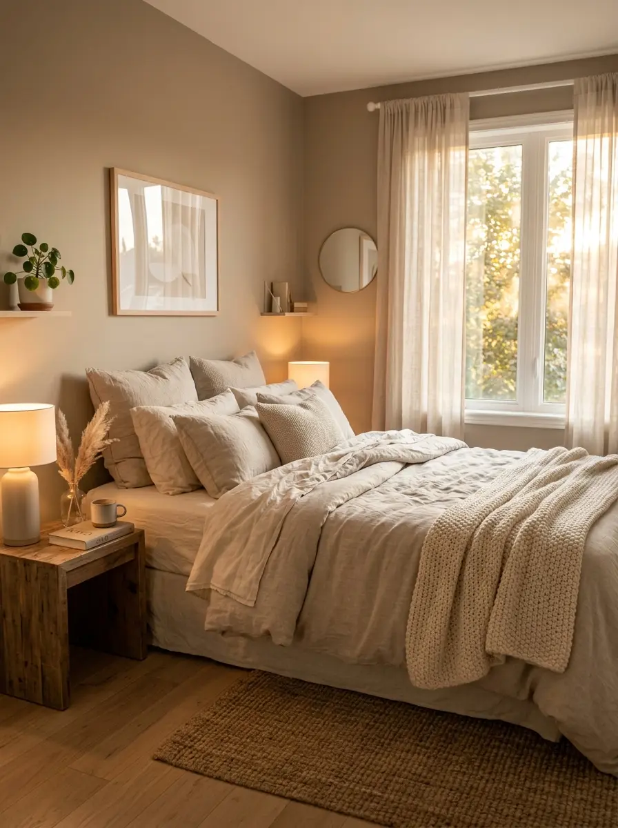 A cozy modern bedroom with soft lighting, layered bedding, and warm neutral decor creating a calm and relaxing atmosphere.