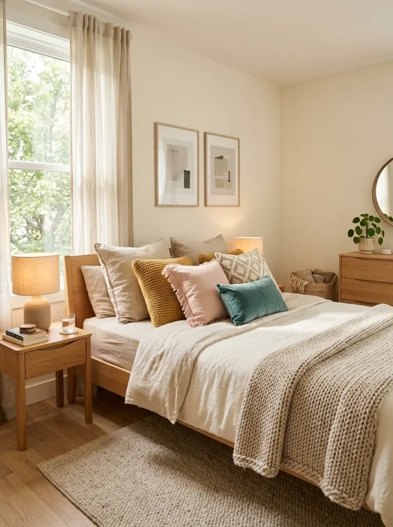 A cozy color full bedroom with beige tones, soft textures, and pops of mustard, blush, and teal accents