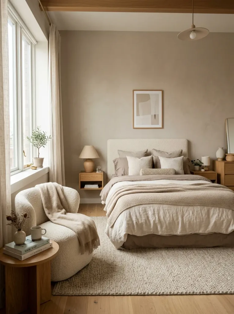 Cozy modern bedroom featuring layered beige and cream tones with soft textures and warm wooden accents
