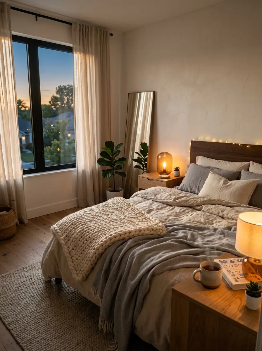 A cozy modern bedroom with soft neutral bedding, warm lighting, and sheer curtains creating a calm and inviting atmosphere