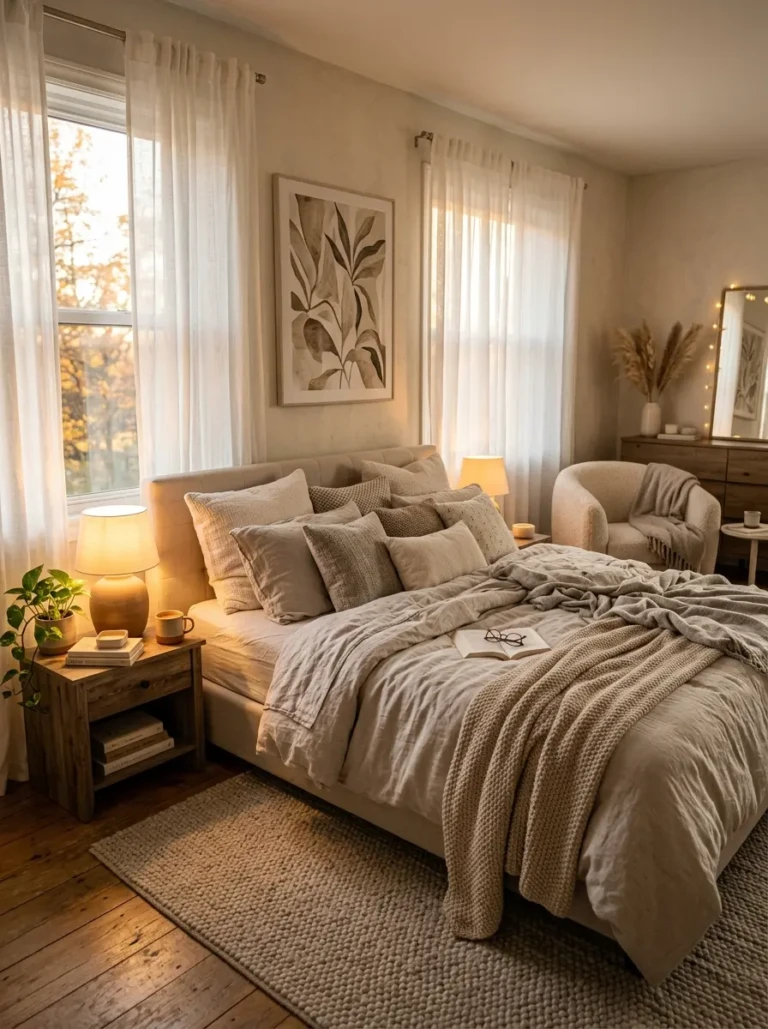 A warm and inviting bedroom with soft lighting, neutral tones, layered bedding, and sheer curtains creating a cozy relaxing atmosphere