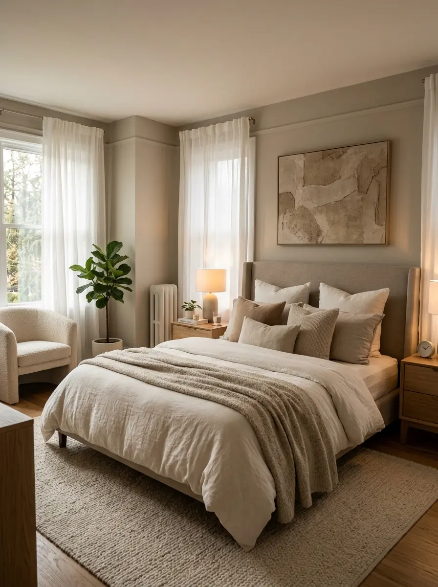 A cozy bedroom with a king size bed styled in soft layers, warm lighting, and neutral tones creating an inviting and relaxing atmosphere