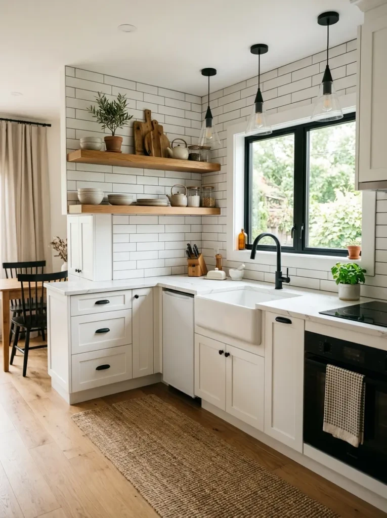 Cozy small modern farmhouse kitchen with white shaker cabinets, oak shelves, black hardware, and bright natural light.