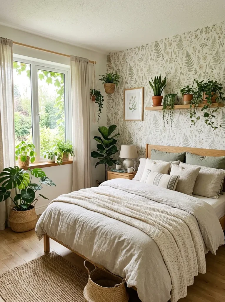 A calming bedroom with botanical wallpaper, indoor plants, neutral bedding, and soft natural textures