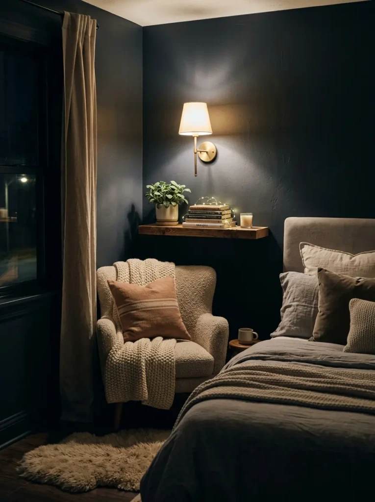Peaceful bedroom corner with floating shelf and soft sconce lighting near linen bedding.