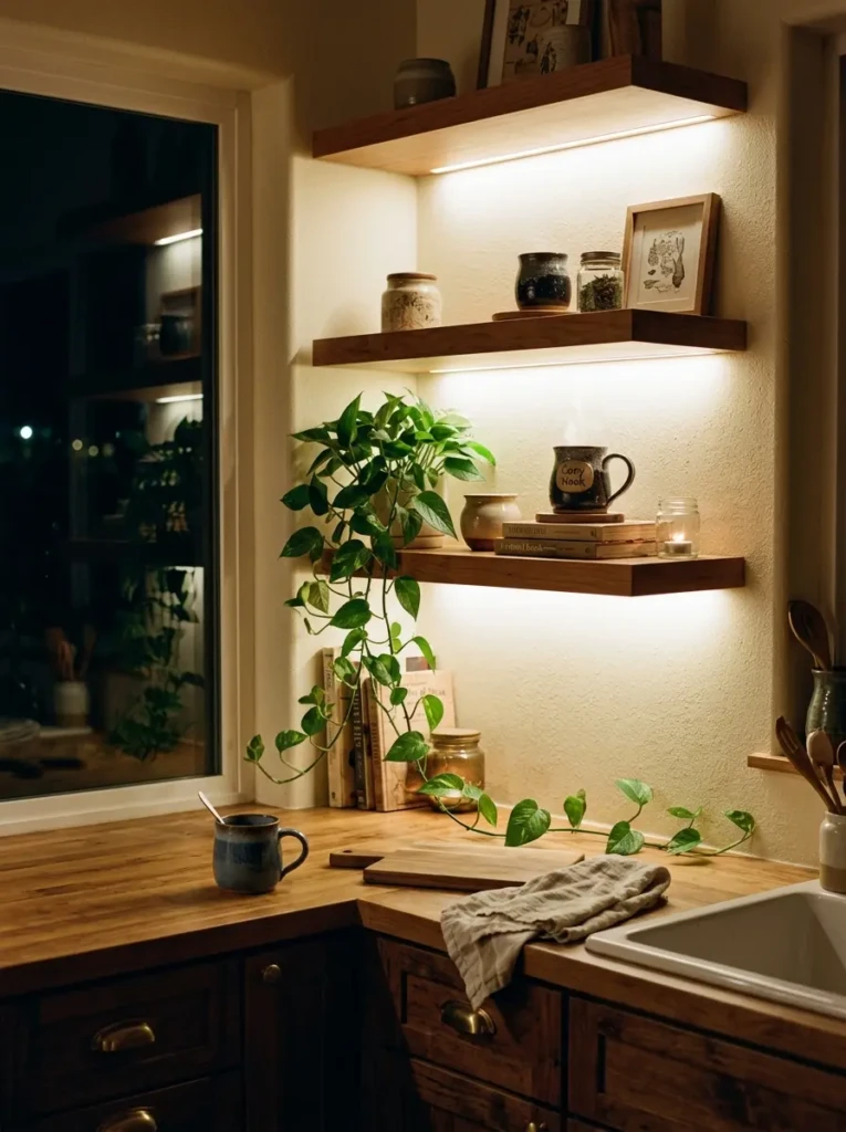 Nighttime kitchen with glowing floating shelves, coffee mug, trailing plant, and warm peaceful lighting.