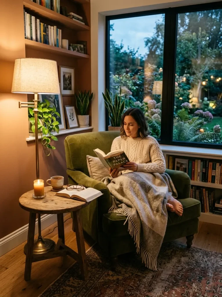 A comfortable reading corner with an armchair, soft blanket, and warm lamp lighting creating a peaceful relaxing space