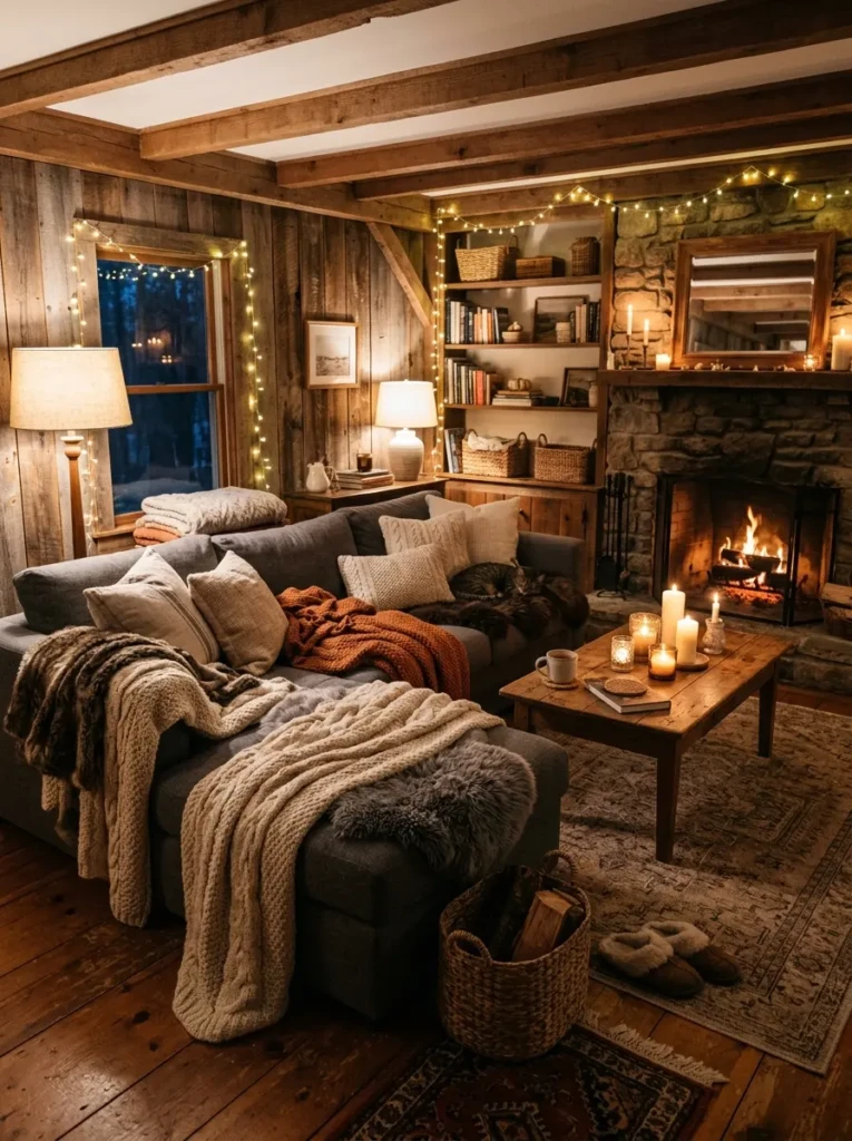 Cozy rustic living room with oversized sofa, knit blankets, candles, soft pillows, and warm evening lighting.