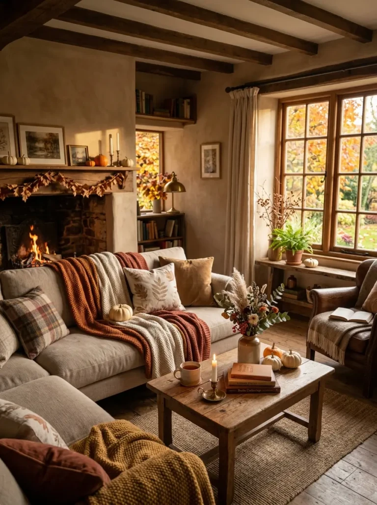 Cozy rustic living room with soft autumn light, neutral textures, and subtle fall decor creating a warm and inviting seasonal atmosphere