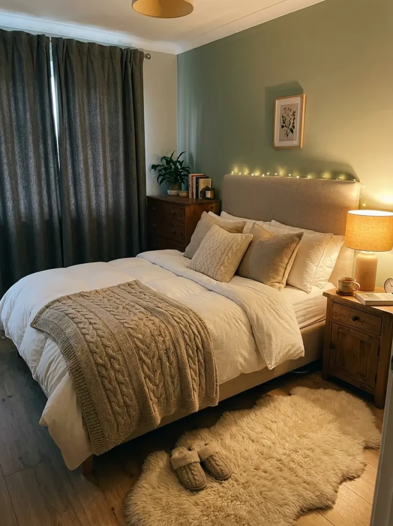 A cozy small bedroom with plush pillows, soft throw blanket, warm lighting, and blackout curtains.