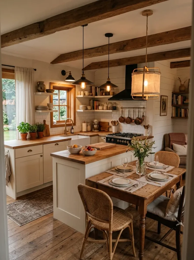Warm and cozy small house kitchen with farmhouse-modern finishes and soft neutral tones.