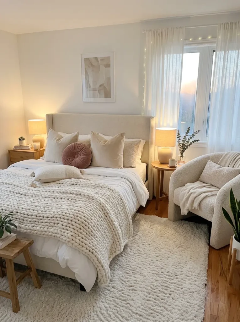 White bedroom featuring chunky blankets, velvet pillows, boucle chair, and a soft rug.
