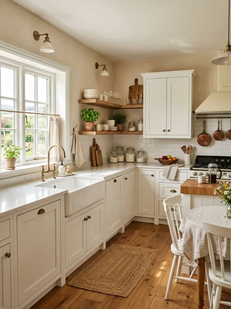 A bright small white farmhouse kitchen with rustic wood shelves, white cabinets, and natural sunlight creating a warm and spacious look.