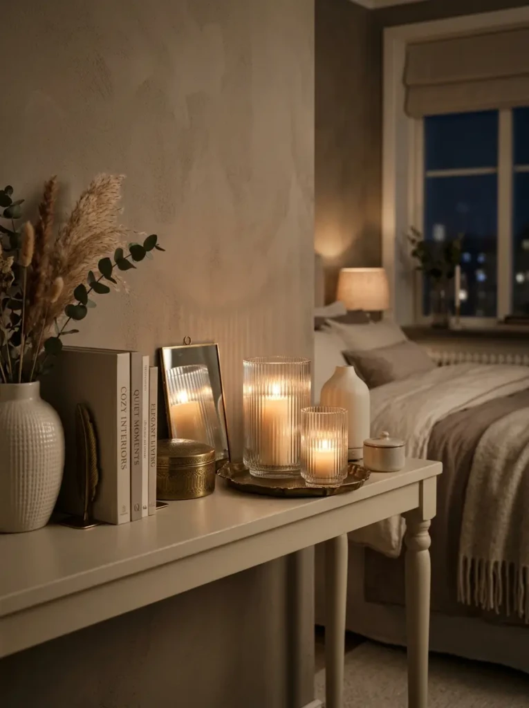 Cream bedroom floating shelf with ribbed candle holders and brass accents in warm amber light.