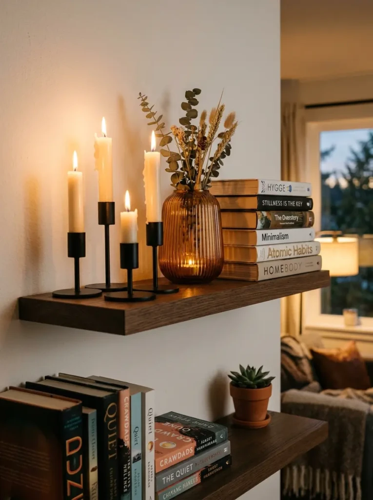 Cream pillar candles with amber ribbed glass and black holders styled beside books on shelves.