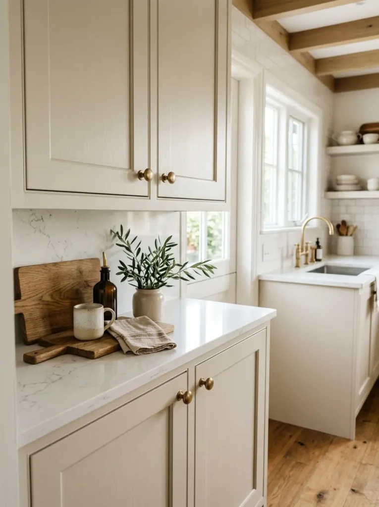Close-up of matte off-white shaker cabinets with brass knobs in a small farmhouse galley kitchen designed to feel bright and elegant.