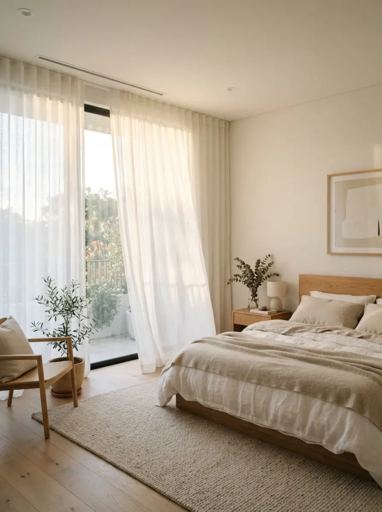 Soft sunlight filtering through sheer curtains in a cozy modern bedroom with an airy feel