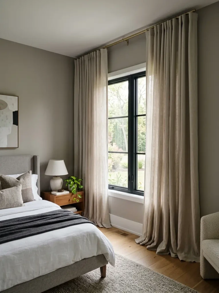 Long curtains hung above a window and gently pooling on the floor for a modern elegant bedroom look.