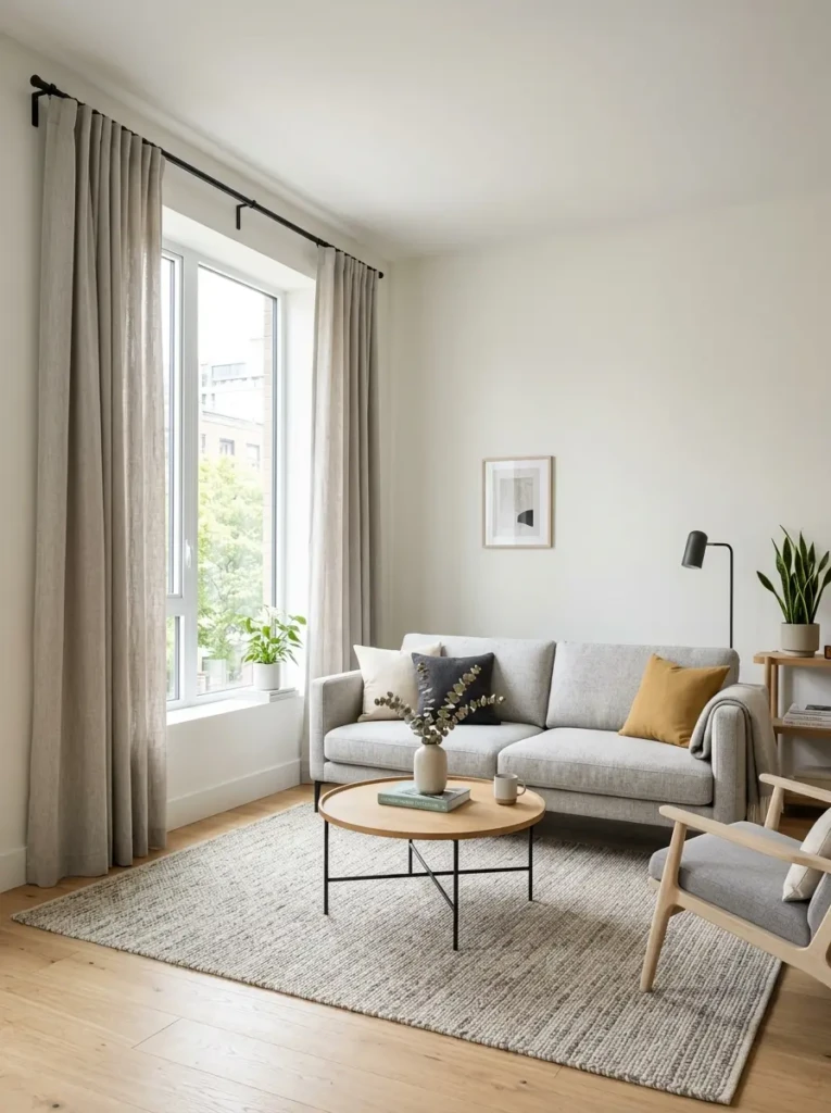 Modern living room featuring sleek full-length neutral curtains, black curtain rod, clean furniture lines, and soft beige and grey décor.