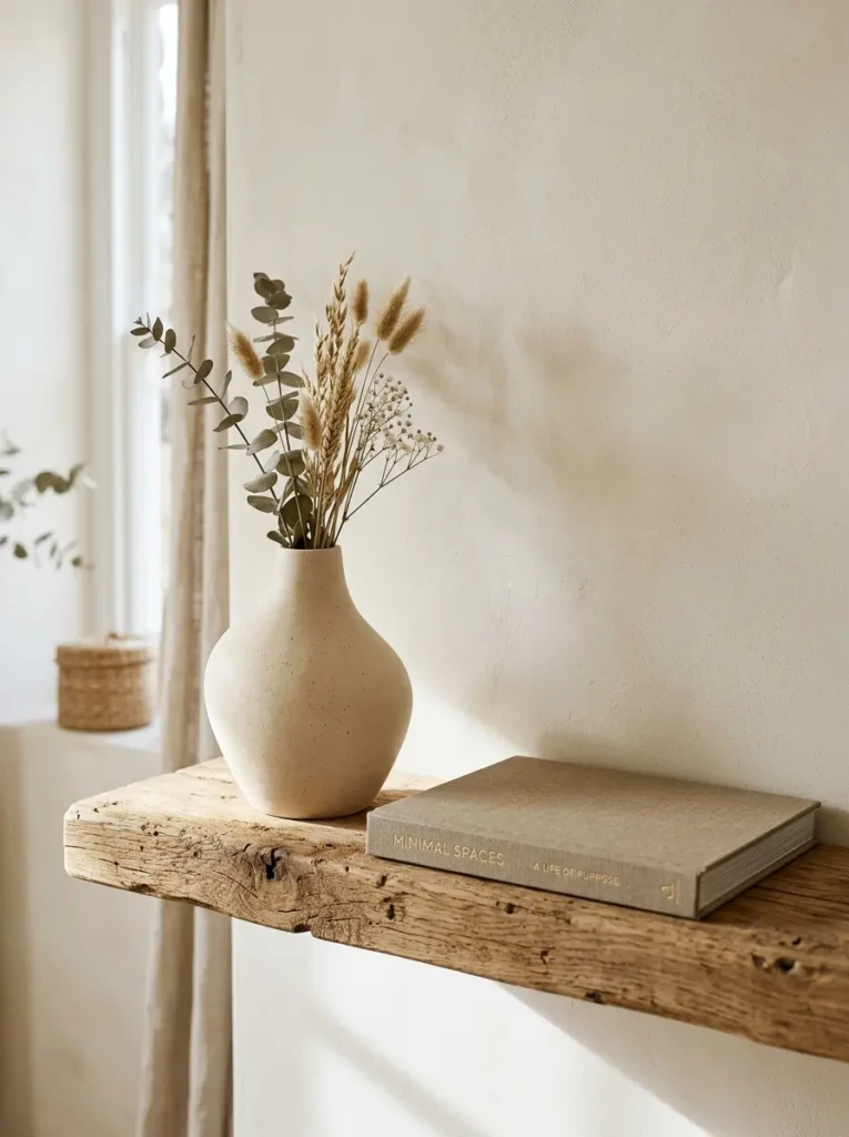 A curved vase paired with a rectangular book on a raw wood shelf in soft daylight.